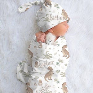 Custom Boho Dinosaur Baby Blanket Swaddle Set for Baby Boy Cute T-rex Dinosaur Baby Blanket Newborn Hospital Outfit Baby Boy Shower Gift