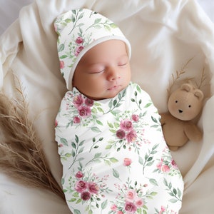 Pink Rose Swaddle Set, Pink Rose Baby Blanket, Rose Floral Nursery Theme, Girl Baby Shower Gift Pink Flowers Swaddle Set, Floral Swaddle Set
