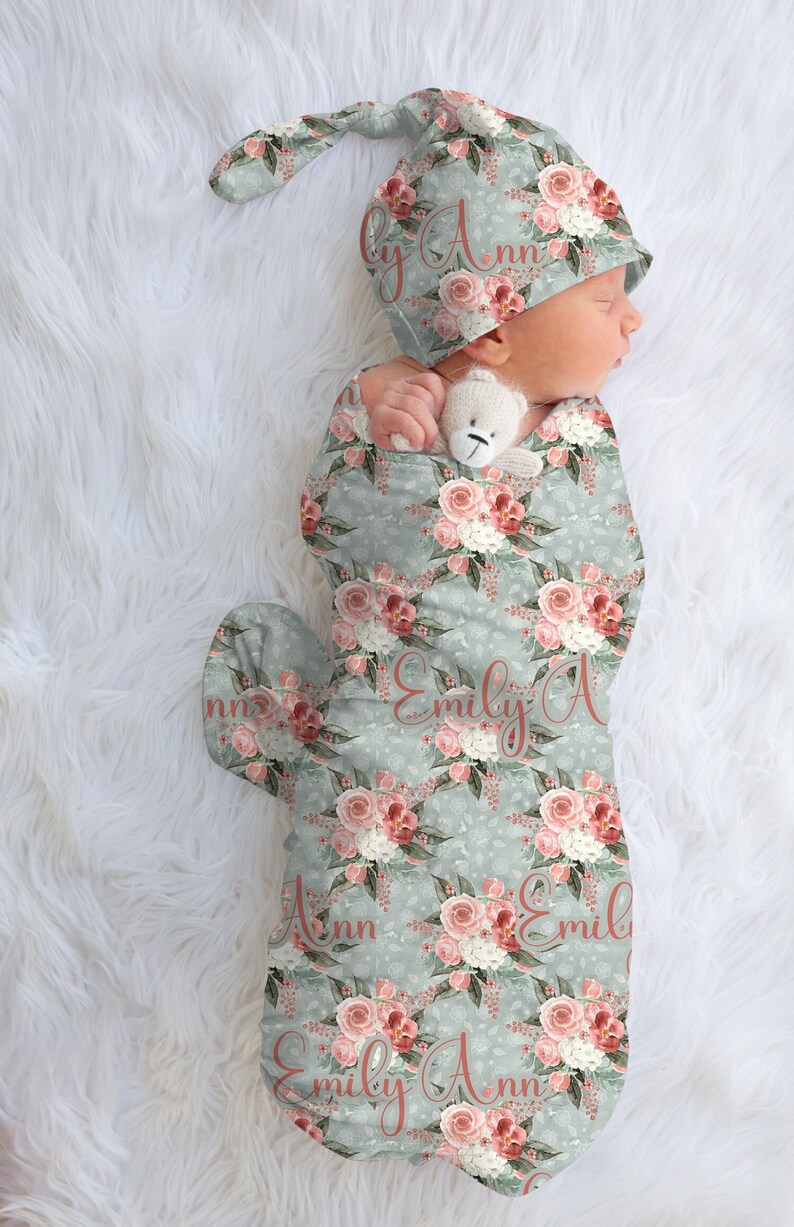 Peach Rose Swaddle Set, Rose Baby Blanket, Rose Floral Nursery Theme