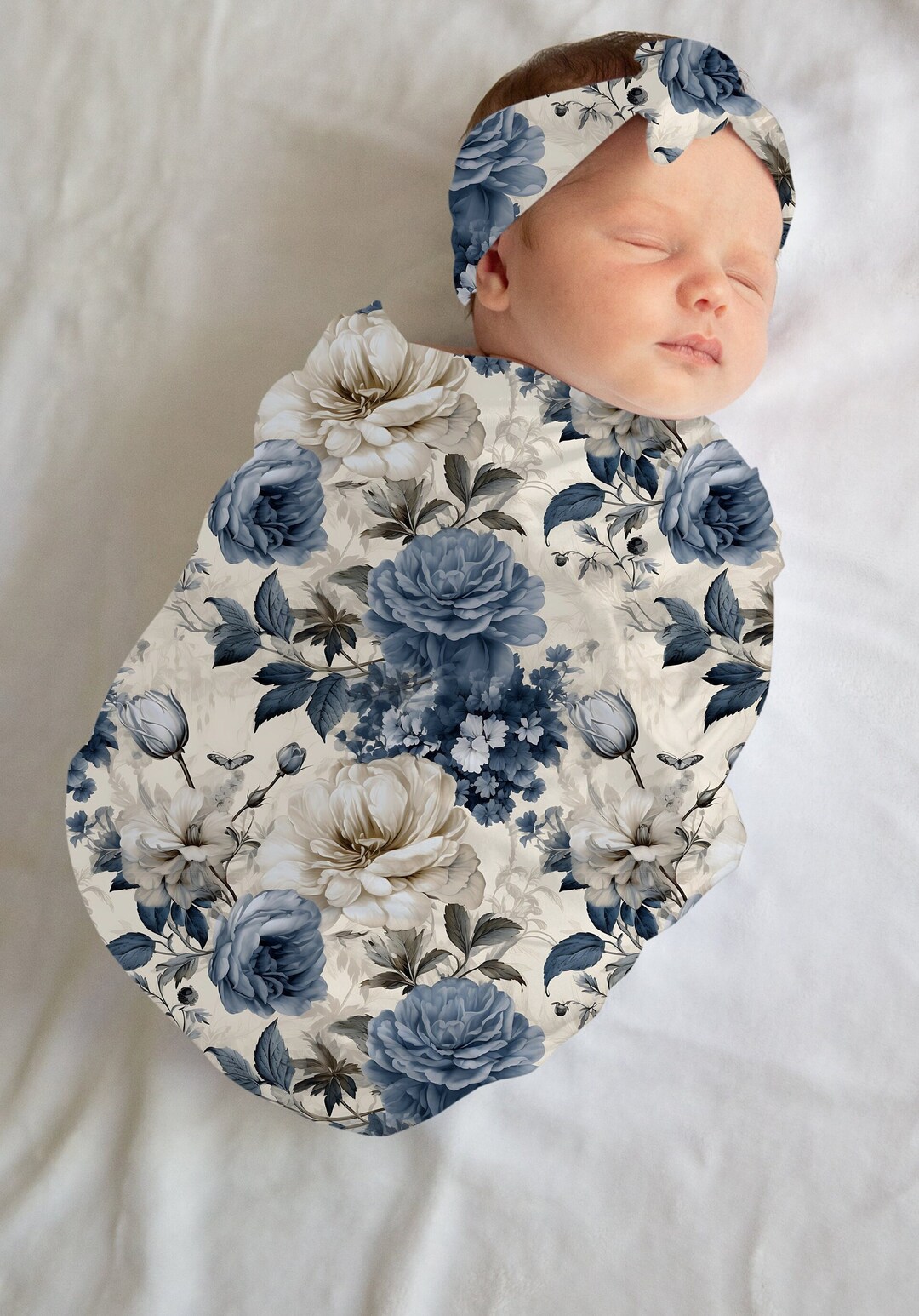 Blue Floral Swaddle Set, Blue Rose Baby Blanket, Floral Nursery Theme ...
