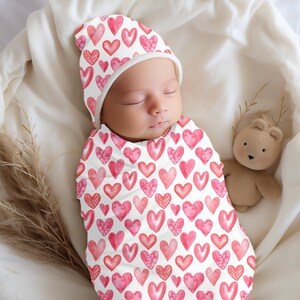 Baby Hearts Blanket, Newborn Gift, Valentine Baby Blanket, Baby Swaddle Matching Hat Baby Beanie Baby Shower Gift New Baby Gift Heart Design