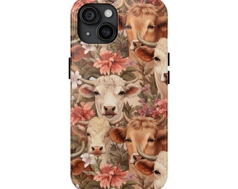 Highland Cow Phone Case, Highland Cow Floral Tough Phone Case iPhone Case, Cow Lover Gift, 1Phone 15 Pro Max, iPhone 15 Plus Case,