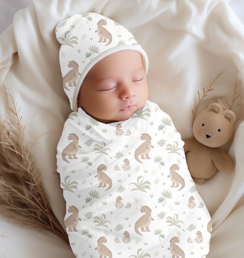Custom Boho Dinosaur Baby Blanket Swaddle Set for Baby Boy Cute Trex