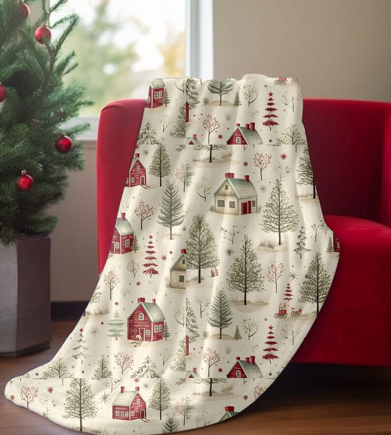 Christmas Blanket, Christmas Village Holiday Throw Blanket Vintage Inspired Christmas Town Bed