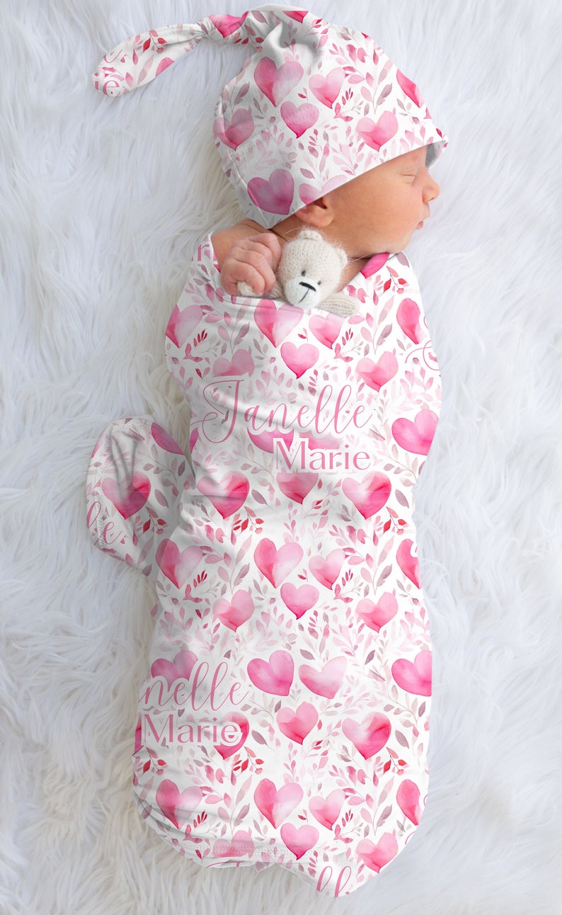 Custom Pink Hearts Baby Girl Name Swaddle Personalized Baby Valentines