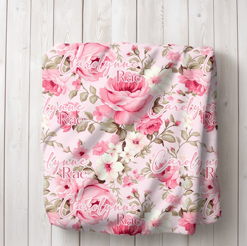 Personalized Pink Rose Swaddle Set Custom Baby Blanket, Rose Floral