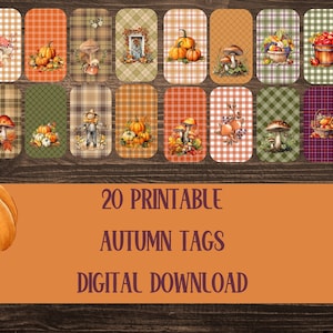 Fall Junk Journal Tags, Junk Journal Ephemera Tag, Junk Journal Supplies, Paper Ephemera, Autumn Tag, Pumpkins, Mushrooms, Digital Printable