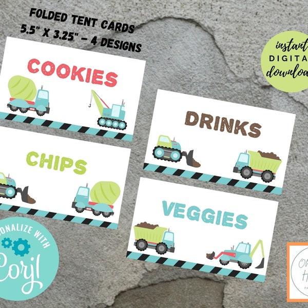 Construction BOY Birthday Baby Shower Folded Food Tent Cards Favor Bag Topper 4 Designs INSTANT Digital DOWNLOAD Editable Corjl Dump Backhoe