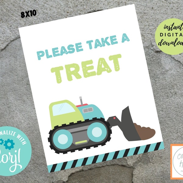 Construction Boy Birthday Baby Shower SIGN Take Treat Party Favor 8x10 INSTANT Digital DOWNLOAD Editable Corjl Dump Truck Excavator Backhoe