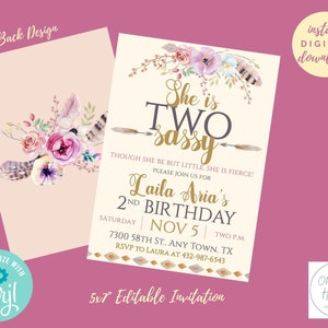 Boho She is TWO Sassy 2nd Birthday Party Invitation; Little Girl; INSTANT Digital DOWNLOAD; Editable with Corjl Pink Purple Feather Bohemian