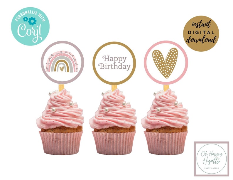 Boho Rainbow Birthday Cupcake Toppers INSTANT Digital Etsy