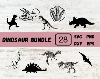 May include: A set of 28 black and white dinosaur illustrations, including a T-Rex, Triceratops, Stegosaurus, and a Pterodactyl. The illustrations are in various poses, including skeletons, silhouettes, and skulls. The text "DINOSAUR BUNDLE" and "28" are at the top of the image. The text "SVG, PNG, DXF, EPS" is at the bottom of the image.