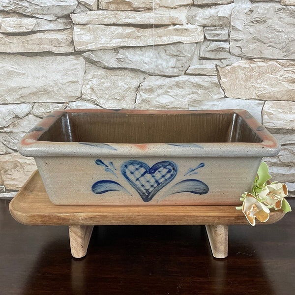 Vintage~Rowe Pottery Works~Decorative STONEWARE LOAF PAN with Heart Design Salt-Glaze Collectible Home/Kitchen Bakeware for Bread/Meatloaf