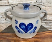 Vintage Rowe Pottery Works RPW Stoneware 6-Cup Bean POT CROCK w Lid Heart Design Salt-Glaze Collectible Kitchen Cookware Home Farmhouse