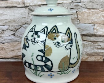 Large Vintage Stoneware COOKIE JAR/CANISTER with Lid 10" Tall with Decorative Kitty Cats Design Collectible Farmhouse Home Kitchen Storage