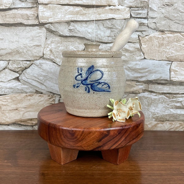 Vintage~1988~Rowe Pottery Works~Decorative Stoneware HONEY JAR/POT w/Lid & Wood Dipper Bee Design Collectible Salt-Glaze Farmhouse Kitchen