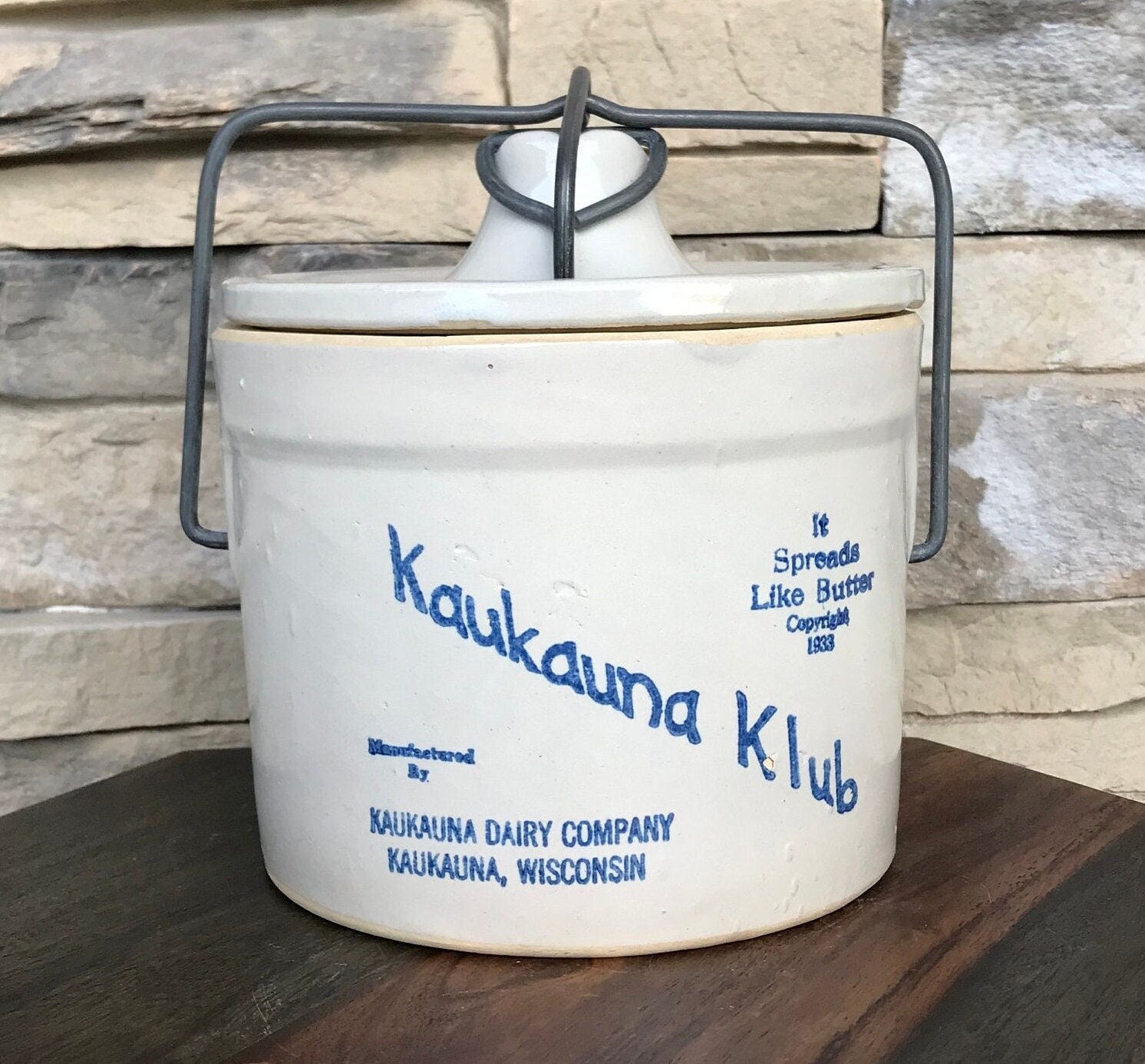 Kaukauna Klub Appetizer Crock / Small Farmhouse Stoneware Crock W/ Wire  Bale / Appetizer Sala Dessert Crock 