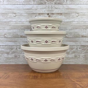 LONGABERGER POTTERY Vintage Woven Traditions 1/3/5-Quart Set of Three Classic Red Nesting Stoneware Mixing Bowls Farmhouse Home Kitchen