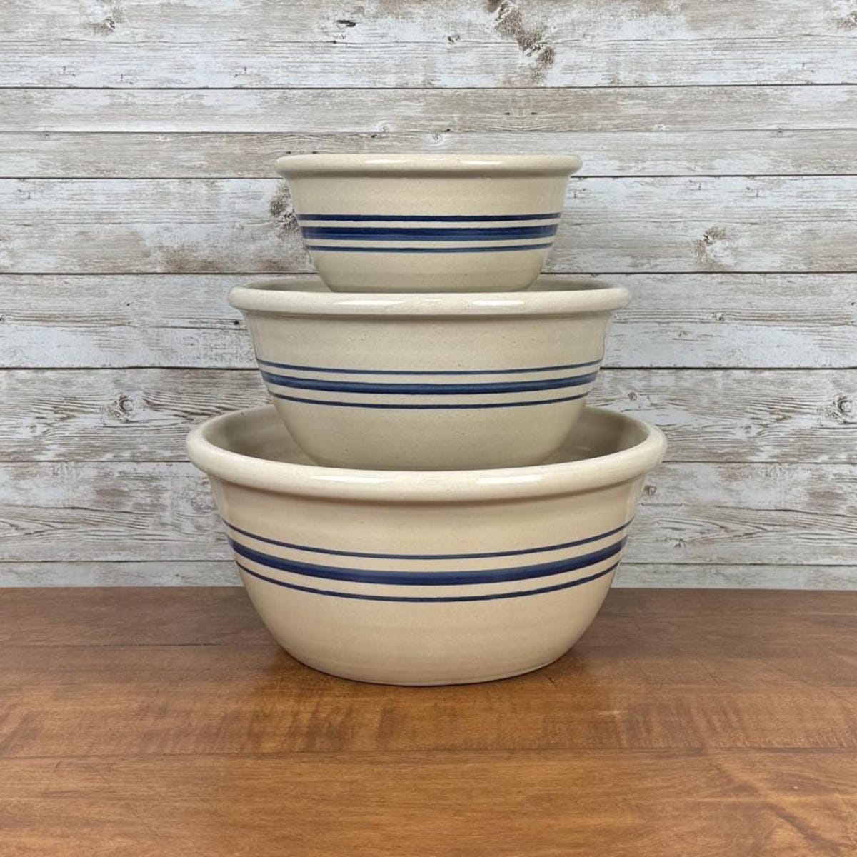 Vintage Set of Three Nesting STONEWARE MIXING BOWLS w/Blue Stripe Design Collectible Country Rustic Farmhouse Home Dining Kitchen Bakeware