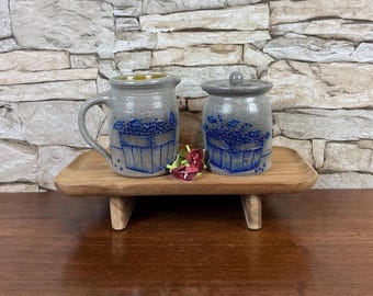 SALMON FALLS STONEWARE Vintage Decorative Creamer & Sugar Bowl Set w/Blueberry Basket Collectible Salt-Glaze Pottery Farmhouse Home Kitchen