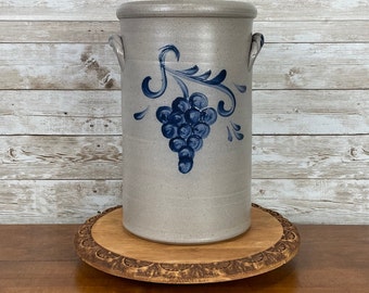 Rowe Pottery Works Vintage 9.5" Tall Stoneware WINE CHILLER/VASE with Grape Cluster Collectible Salt-Glaze Barware Dining Home Kitchen Decor