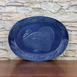 Rowe Pottery Works Vintage Lg. Oval Embossed STONEWARE SERVING PLATTER Blue Collectible Thanksgiving Holiday Farmhouse Home Dining Kitchen