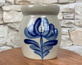 Vintage BEAUMONT BROTHERS POTTERY 8-Oz. 3.5 quot Tall Small Mini Decorative Stoneware Crock Jar Vase w Flower Design Collectible Home Kitchen