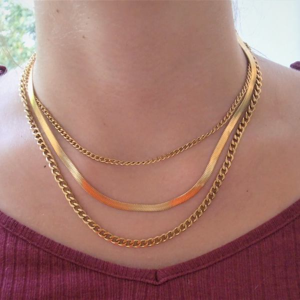 Snake Chain Necklace, Triple Strand Vintage Necklace, Chain Gold Necklace, Silver Herringbone Choker, Flat Chain Necklace, Stacking Snake