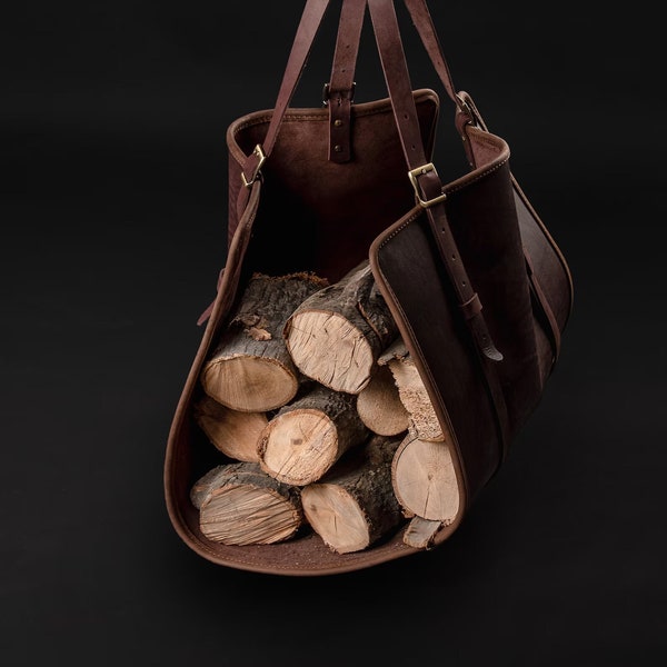 Leather Long Firewood Log Carrier Tote Wood Fireplace Long Bag Fire Wood Holder Rack, Heavy Duty