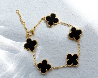 18K Gold-Plated Four Leaf Clover Jewelry Ensemble - Inspired by Van Cleef Alhambra Mother of Pearl - Bracelet - Necklace
