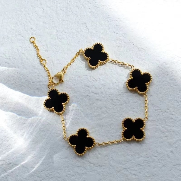 18K Gold-Plated Four Leaf Clover Jewelry Ensemble - Inspired by Van Cleef Alhambra Mother of Pearl - Bracelet - Necklace