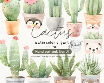 Clipart cactus aquarelle | PNG peint à la main, art succulent (téléchargement numérique)