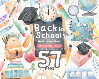 Clipart de regreso a clases en acuarela: 57 gráficos PNG
