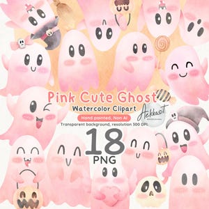 Cute Pink Ghost Clipart, Watercolor Cute Ghost PNG, Halloween Clipart Bundle, Cute Spooky Cartoon Graphics