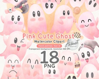 Pink Ghost Watercolor Clipart, Halloween PNG Graphics (18 Files)