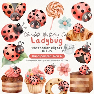 Pacchetto di clipart di coccinelle rosse carine, coccinelle acquerello png, design di torta di compleanno, grafica non AI