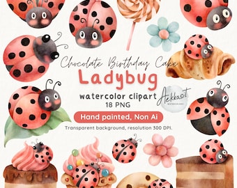 Watercolor Ladybug Clipart Bundle: Birthday Cake Design (PNG Digital Download)