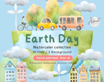 Könnte beinhalten: Aquarell-Illustration des Earth Days mit einem grünen Globus, Wolken, Bäumen, einem Bus, einem Auto, einem Fahrrad und einer Person, die Fahrrad fährt. Der Text "Earth Day" ist in grünen Buchstaben auf dem Globus geschrieben. Der Text "Watercolor collection 41 PNG / 3 Background" ist in schwarzen Buchstaben unter dem Globus geschrieben. Der Text "Hand painted, Non AI" ist in schwarzen Buchstaben unter dem Text "Watercolor collection 41 PNG / 3 Background" geschrieben. Der Text "Transparent background, resolution 300 DPI" ist in schwarzen Buchstaben unter dem Text "Hand painted, Non AI" geschrieben. Der Text "Aekkasit Watercolors" ist in schwarzen Buchstaben in der oberen rechten Ecke des Bildes geschrieben.