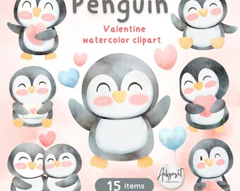 Valentijn pinguïn aquarel clipart, kinderkamer png (digitale download