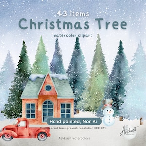 Watercolor Christmas Tree Clipart: Whimsical Holiday Graphics (43 items)