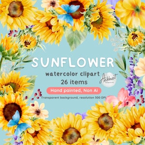 Sunflowers Watercolor Clipart | Commercial Use | Clipart Set | Png File | Sunflower Bouquet | Yellow Sunflower Graphic | Non-AI Clipart
