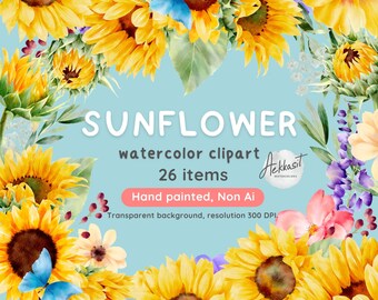 Sunflower Watercolor Clipart Set: Hand-Painted Floral PNG Files
