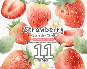 Clipart aardbei aquarel: handgeschilderde bes png-set (digitale download)