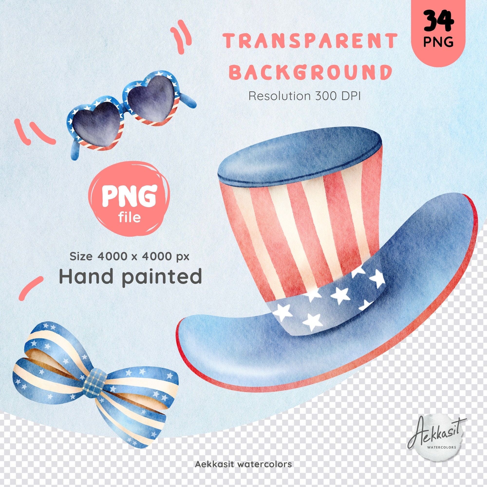 4th of July Watercolor Clip Art - Patriotic Independence Day Graphics ...
