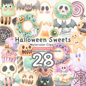 Imágenes prediseñadas de dulces de Halloween, cupcakes de acuarela PNG, diseños de dulces espeluznantes, uso comercial, decoración de fiesta de Halloween
