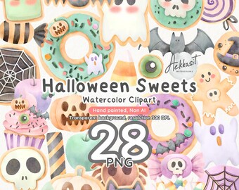 Halloween Sweets Clipart, Watercolor Cupcake Png, Spooky Candy Designs, Commercial Use, Halloween Party Decor