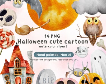 Watercolor Halloween Clipart Bundle, Hand-Painted Cartoon PNG (Instant Download)