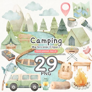 Clipart de acuarela de camping / 29 elementos de camping pintados a mano en formato PNG / Fogata, tienda de campaña, montañas, barbacoa / 300 DPI