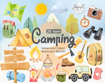 Camping Ausrüstung Clipart | Aquarell Camping Graphik | Digitaler Download | Lagerfeuer Kunst | Sommer Outdoor Designs