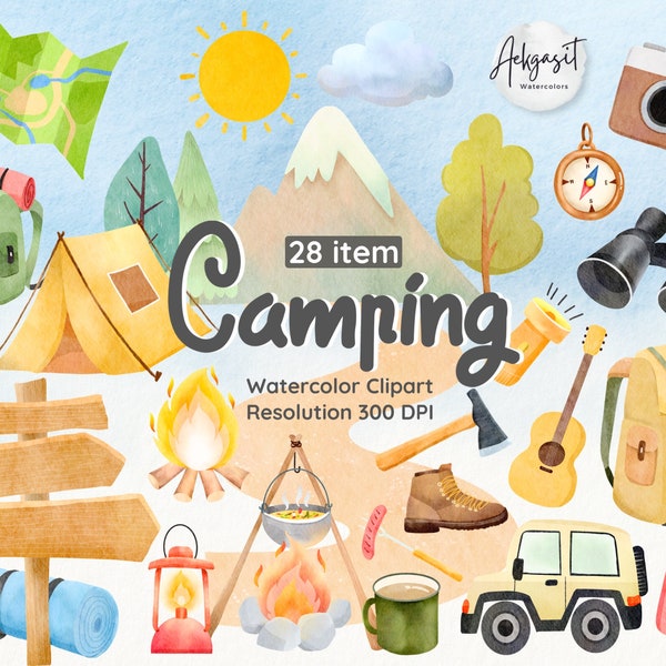Camping Clipart Set - Watercolor Camping Gear and Nature Illustrations, Digital Download, Outdoor Adventure Graphics, Scrapbooking Art